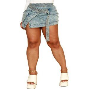 Plus Size Mini Denim Skirt for Women Sexy Short Cute Asymmetrical Jean Skirts